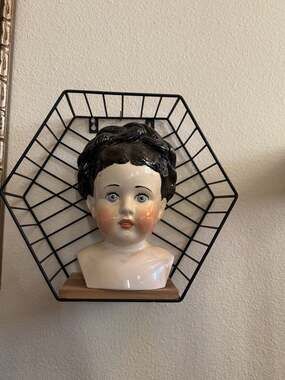 Antique China Doll Head Bust With Black Hair and Blue Eyes - ,